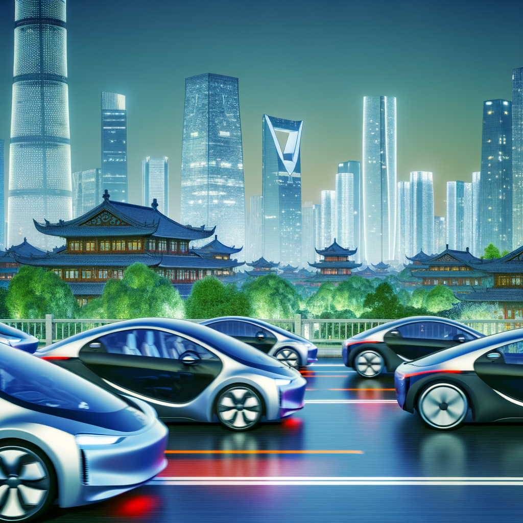 Electric vehicles crowd a futuristic Chinese city.