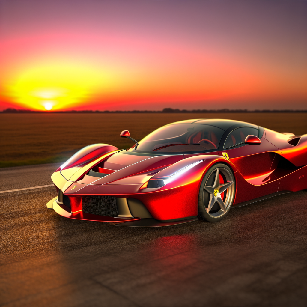 Ferrari hybrid supercar glistens under sunset.