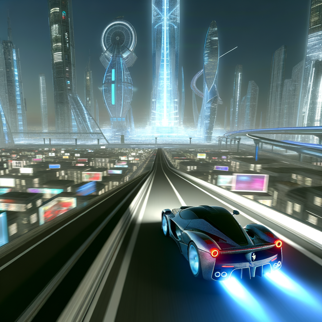 Ferrari hybrid supercar speeding through futuristic cityscape.