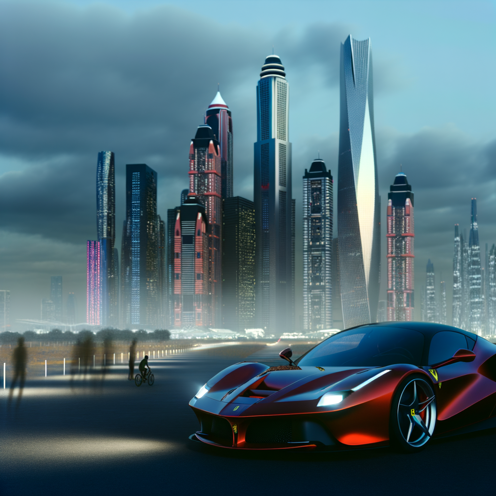 Ferrari supercar amidst sleek, futuristic backdrop.