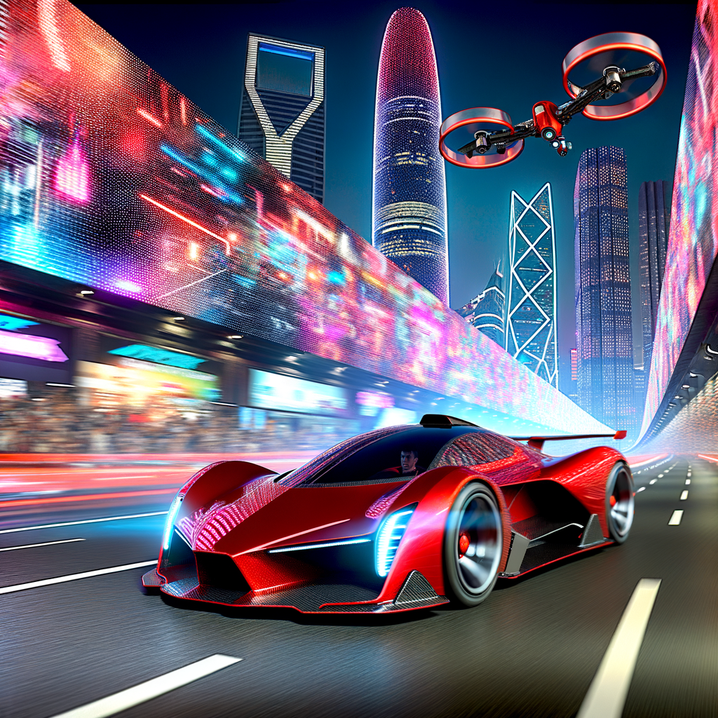 Ferrari supercar blazing through futuristic city.