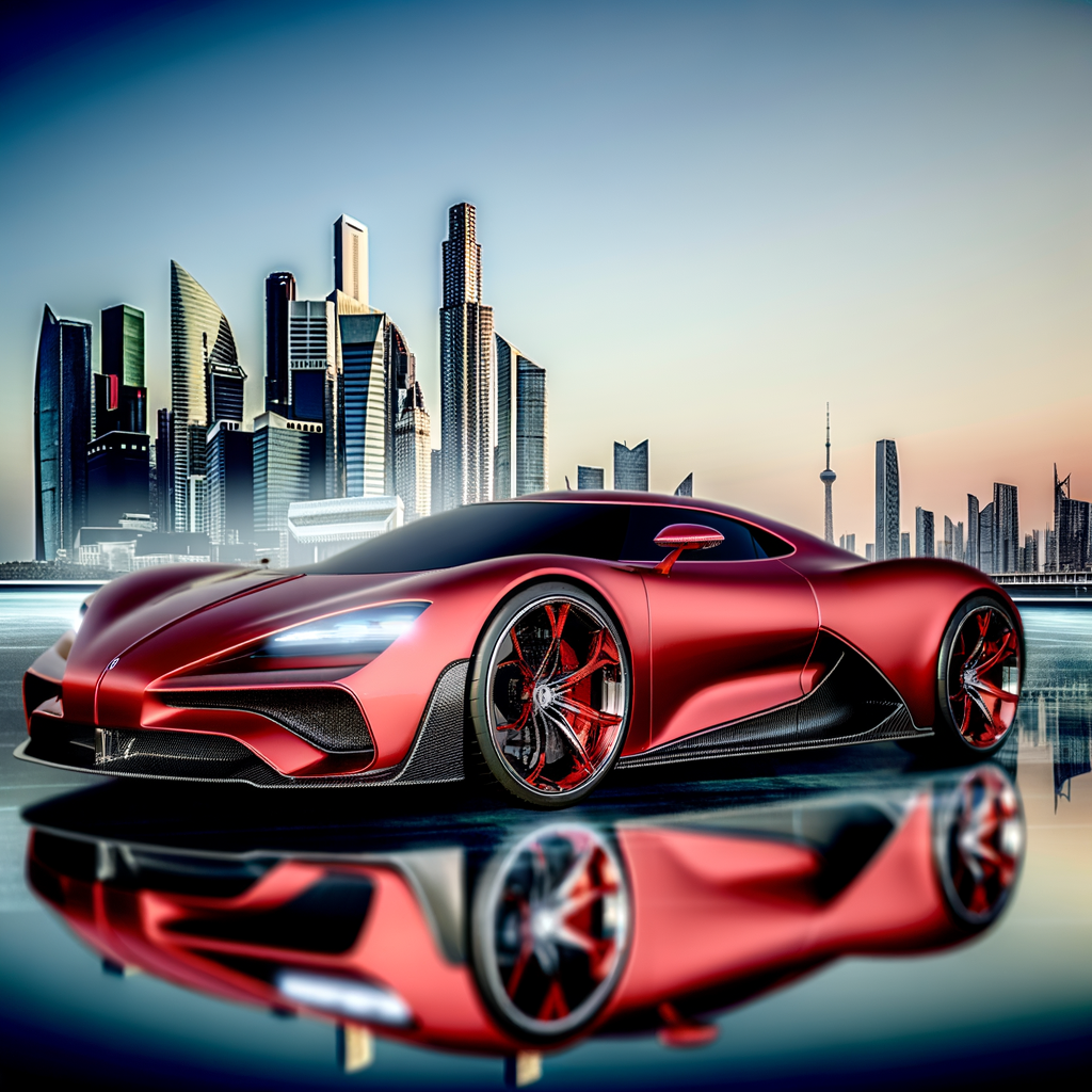 Ferrari supercar gleaming, futuristic city backdrop.