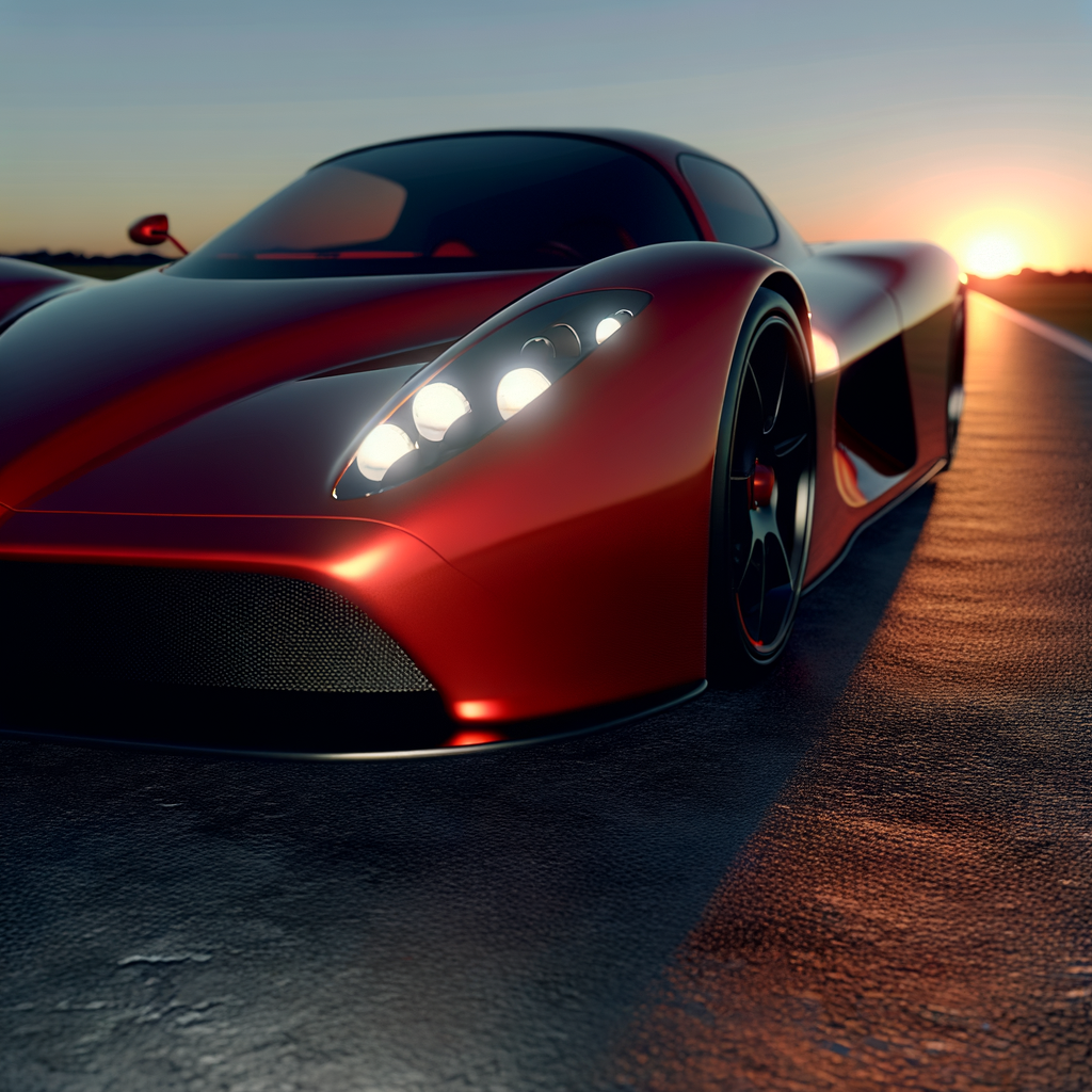 Ferrari supercar gleams under sunset's glow.