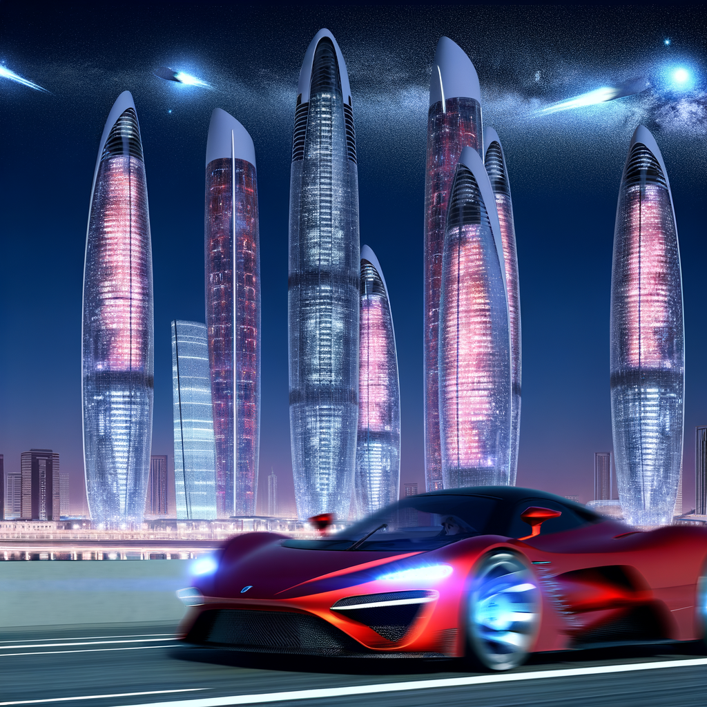 Ferrari supercar glides through futuristic cityscape.