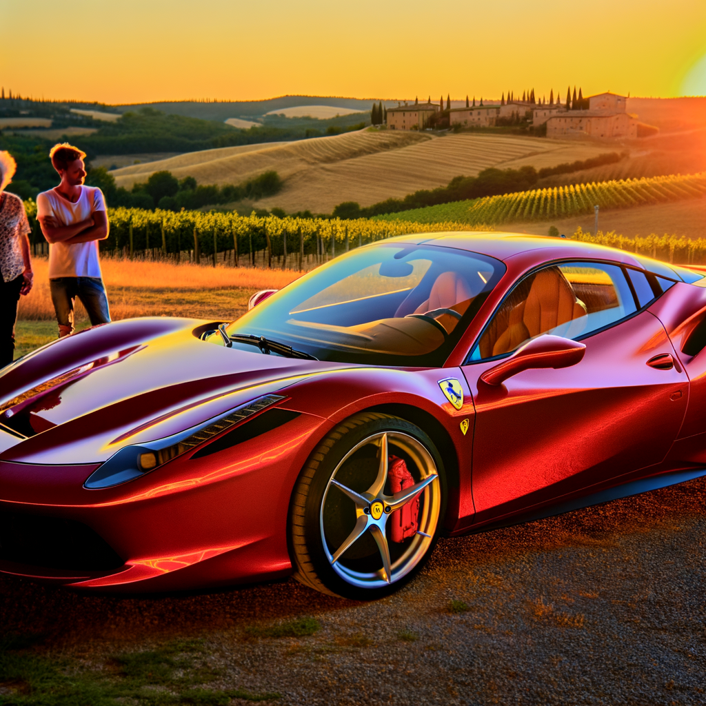 Ferrari supercar glistens under Italian sunset.