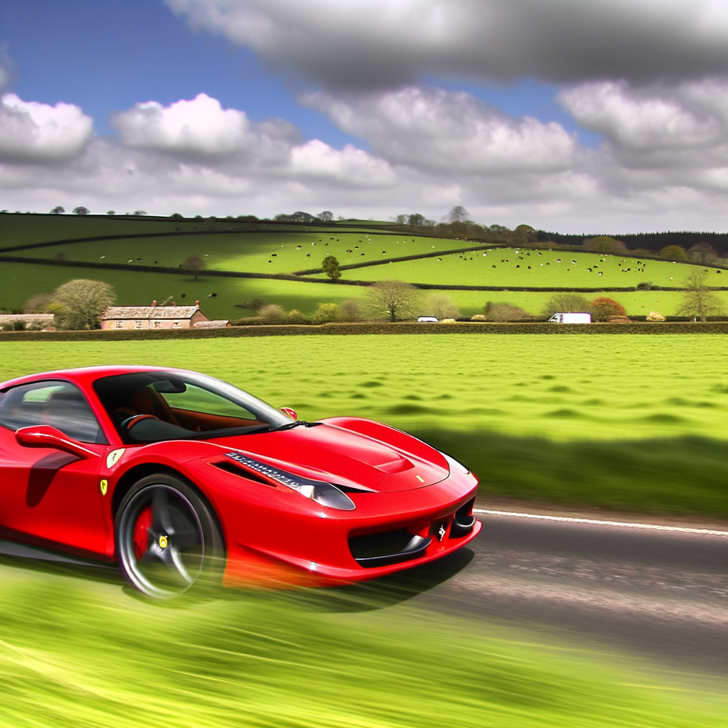 Ferrari supercar majestically speeding through countryside.