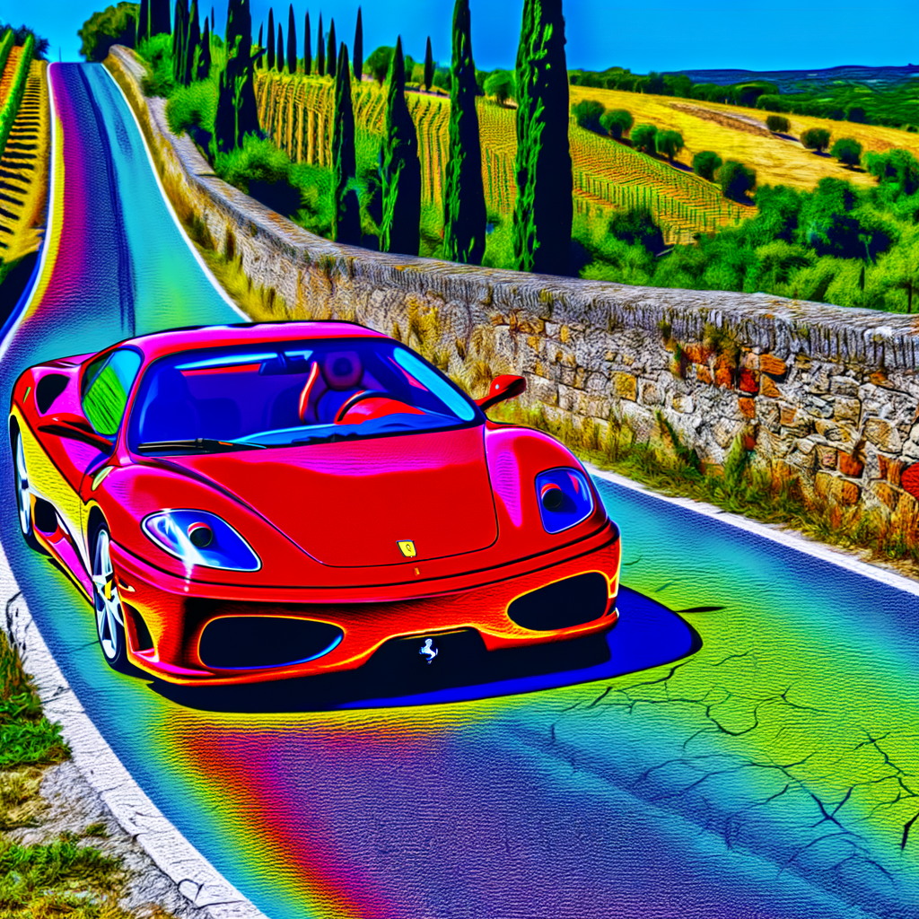 Ferrari supercar on scenic Italian road.