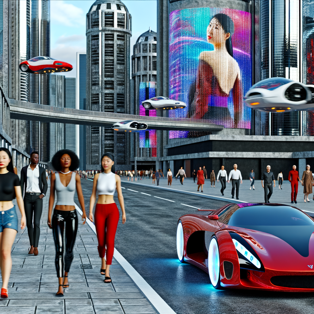 Ferrari supercar speeding through futuristic cityscape.