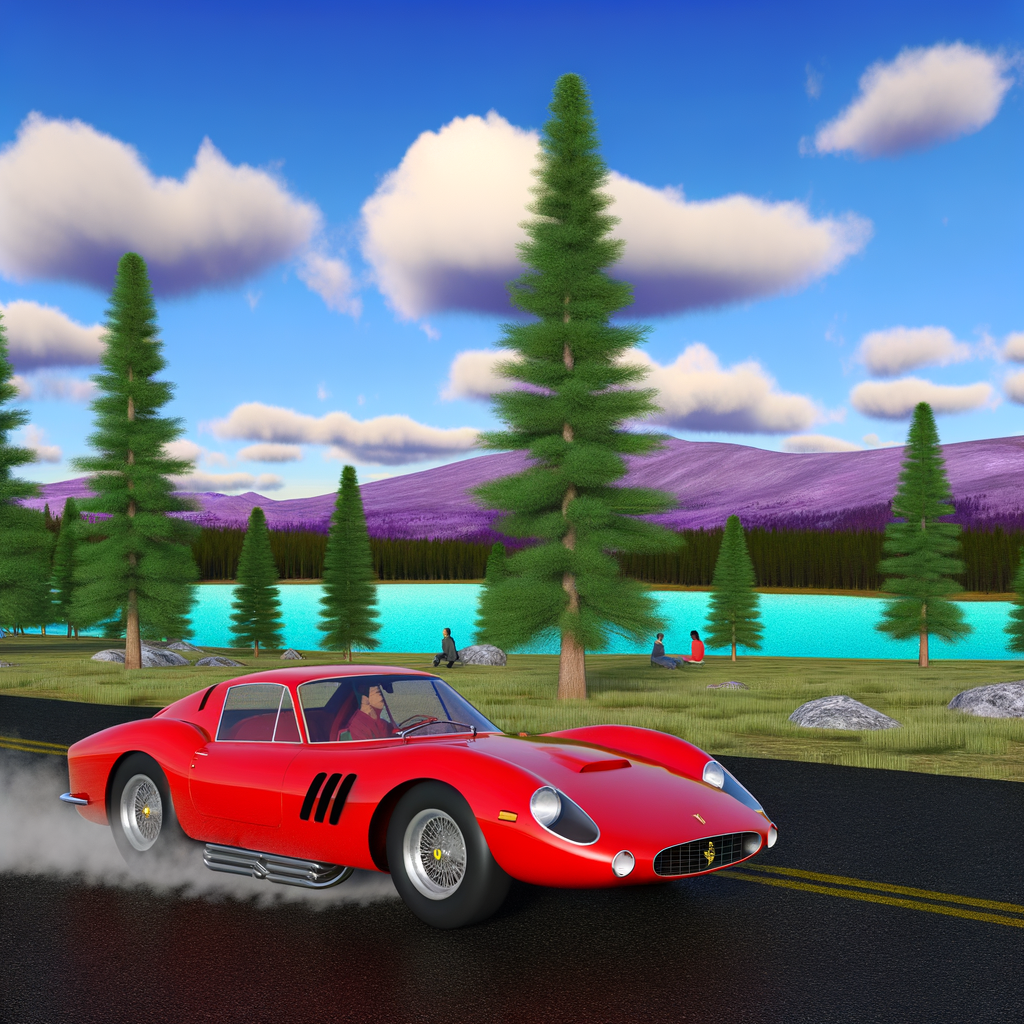 Ferrari supercar speeding through picturesque landscape.