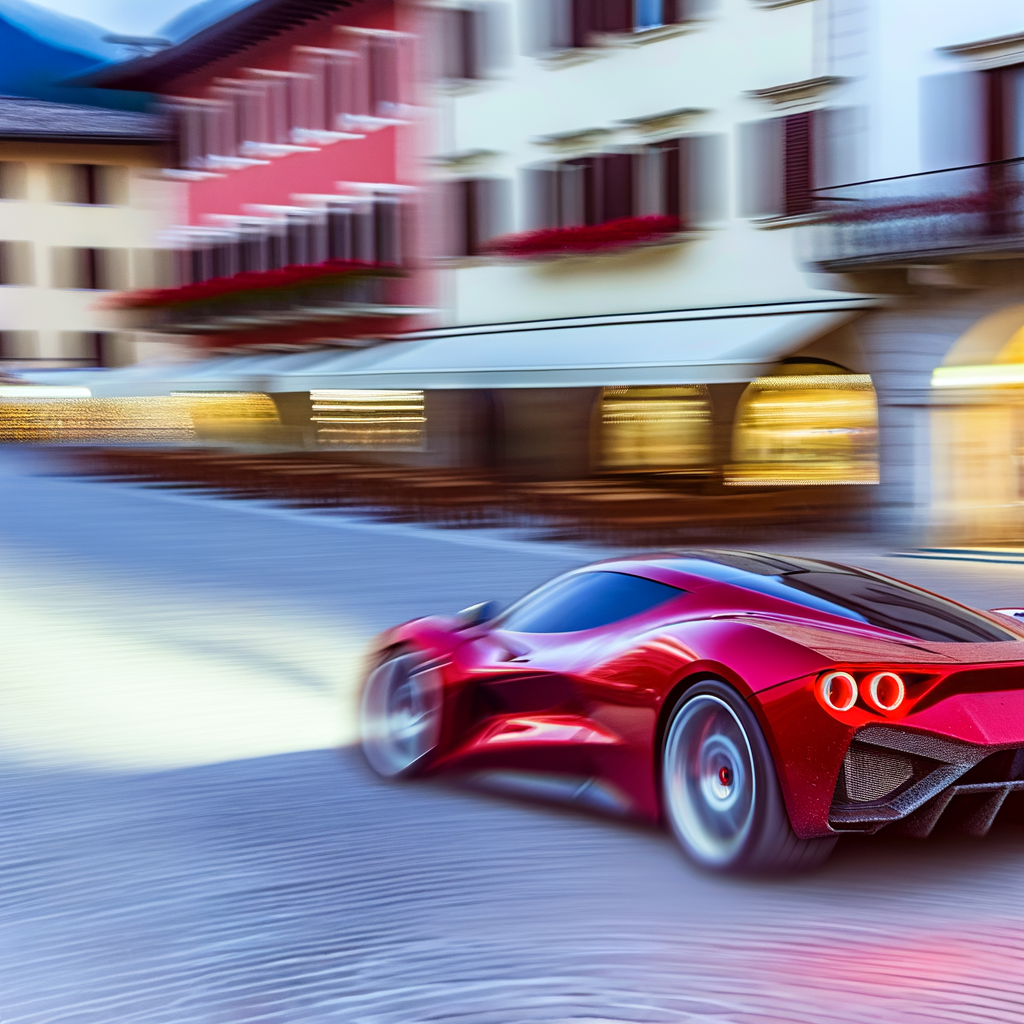 Ferrari supercar speeds through Maranello streets.