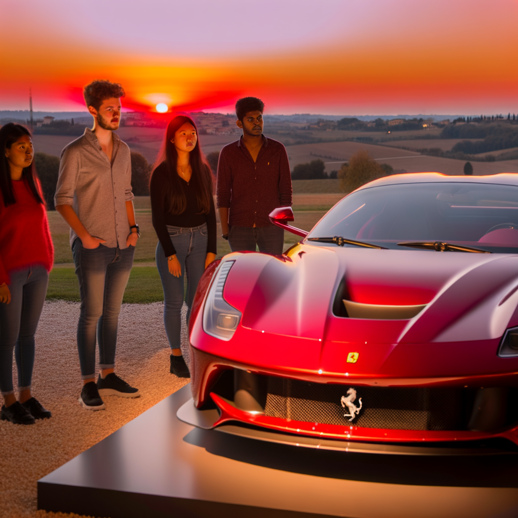 Ferrari's majestic supercar in Maranello sunset.