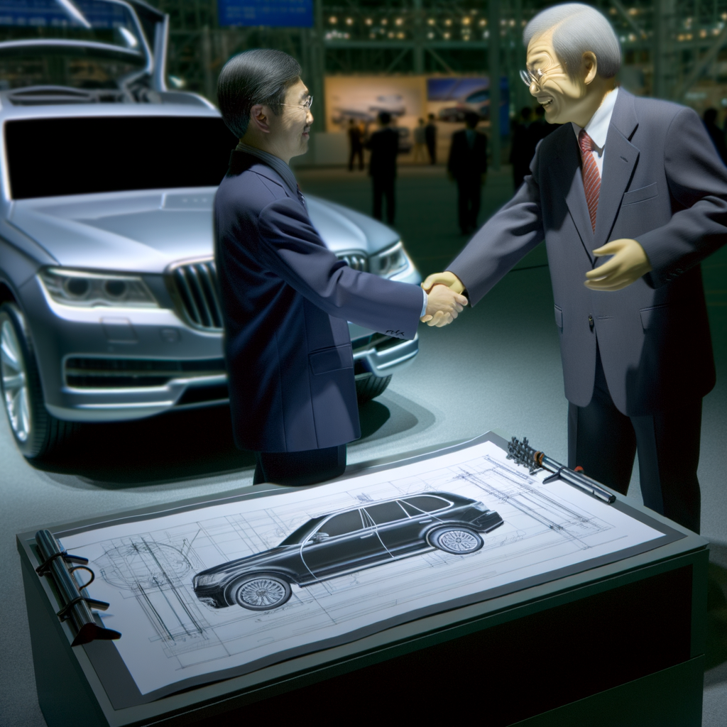 Foreign and Chinese automakers handshake over blueprint.