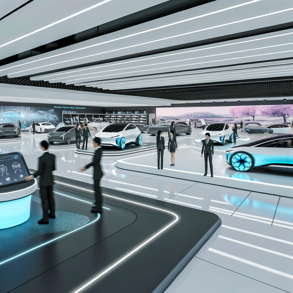 Futuristic auto showroom blending tech and service.