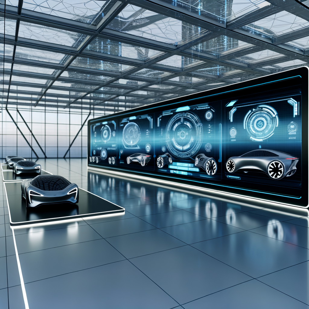 Futuristic car showroom with digital interfaces.