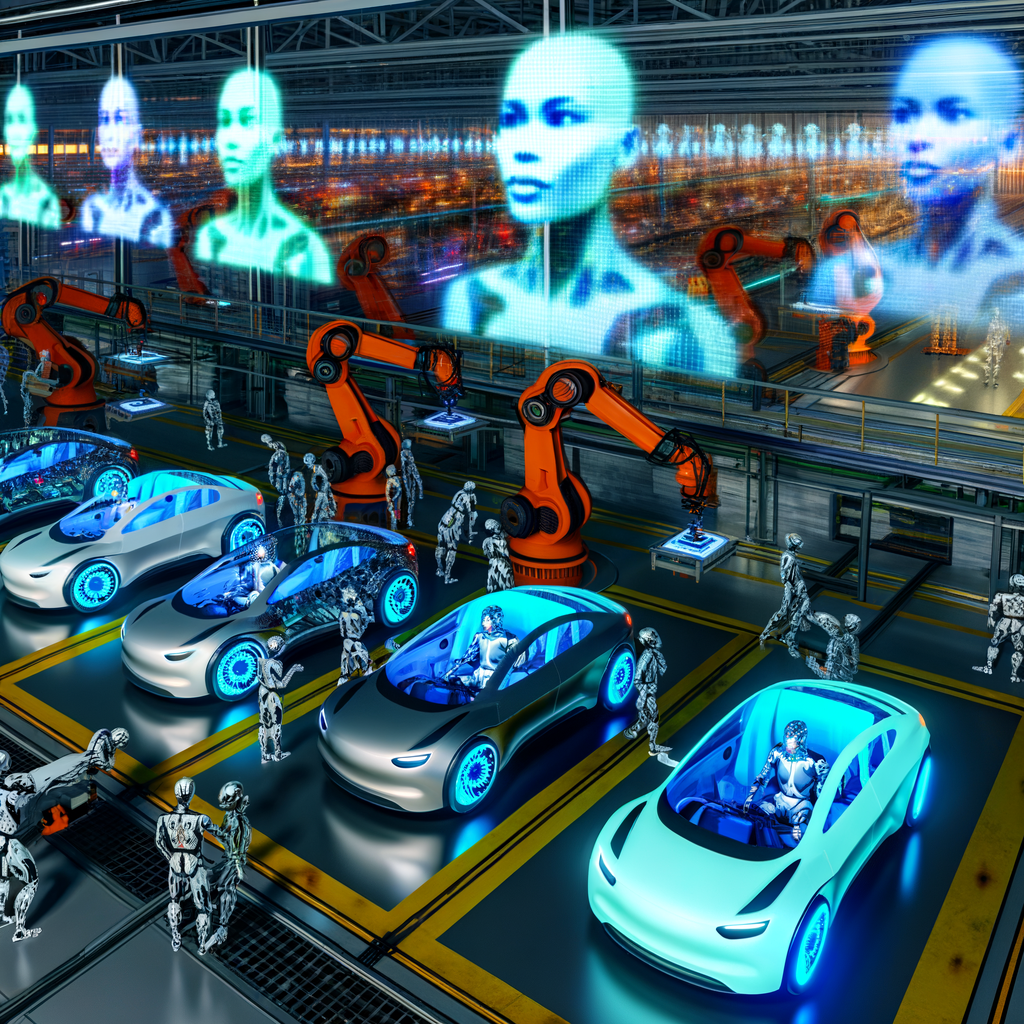 Futuristic cars assemble in high-tech factory.