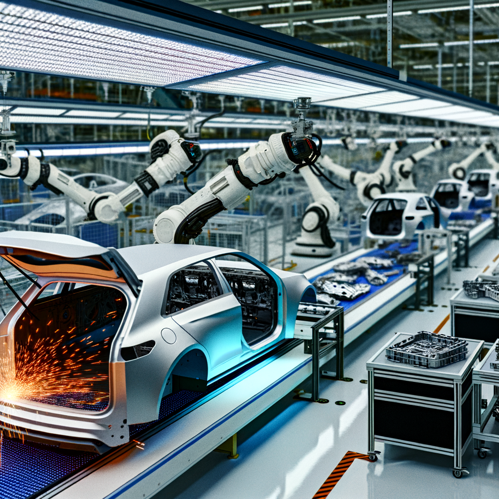 Futuristic cars assembling in high-tech factory.