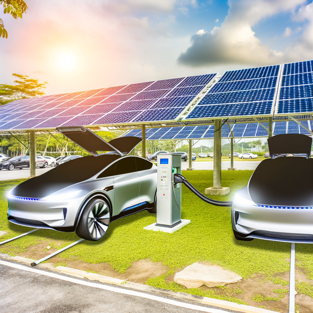 Futuristic cars charging under solar panels.