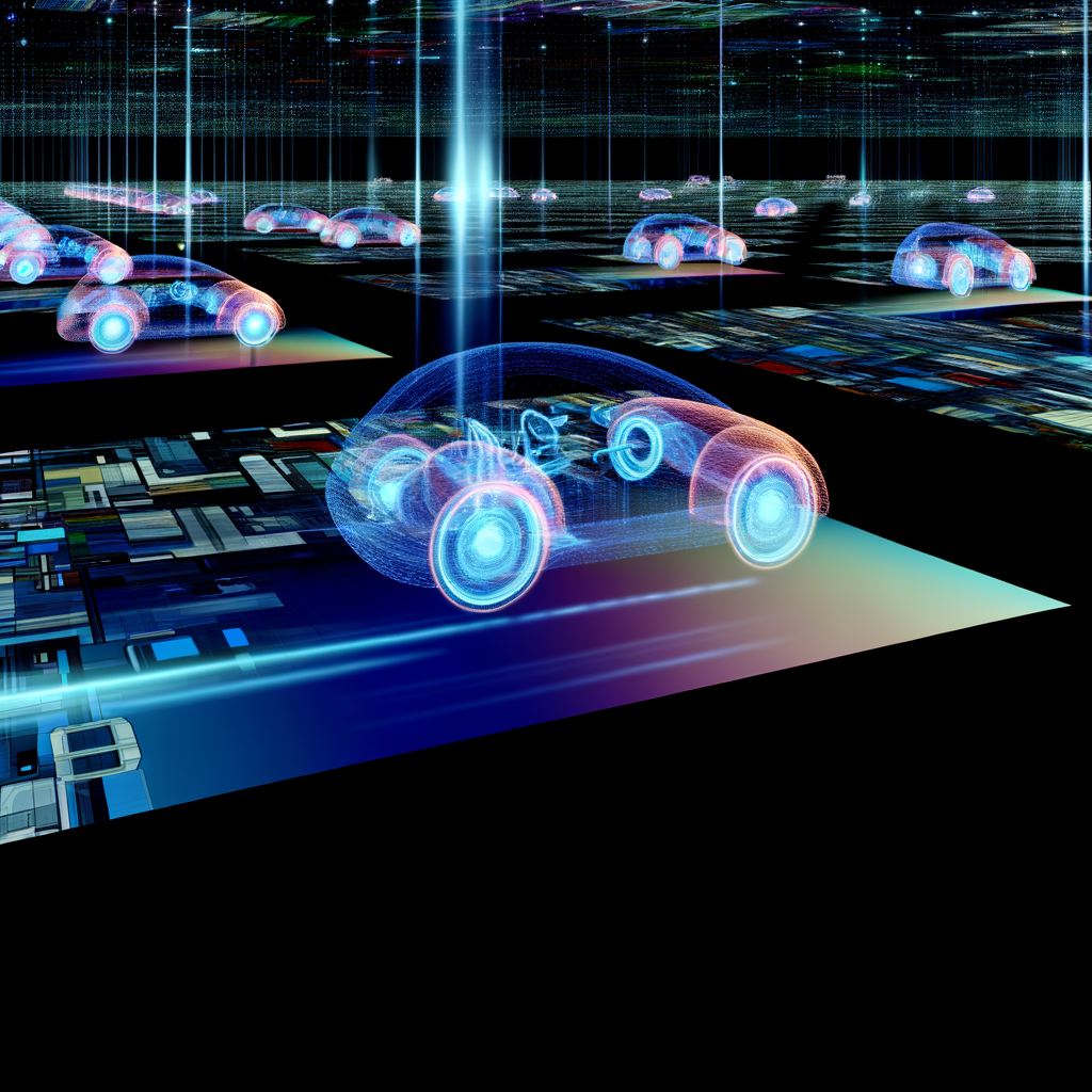 Futuristic cars evolving in digital landscape.