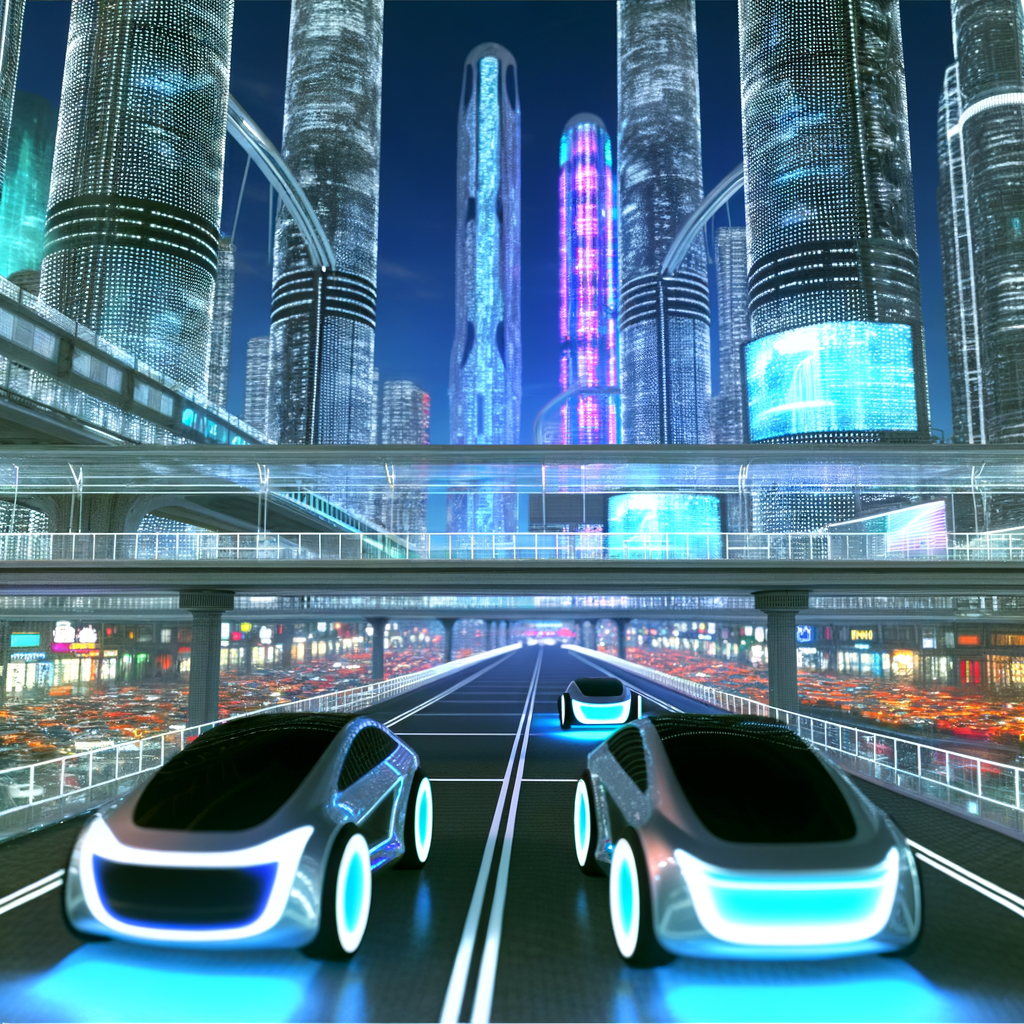 Futuristic cars on a smart cityscape.