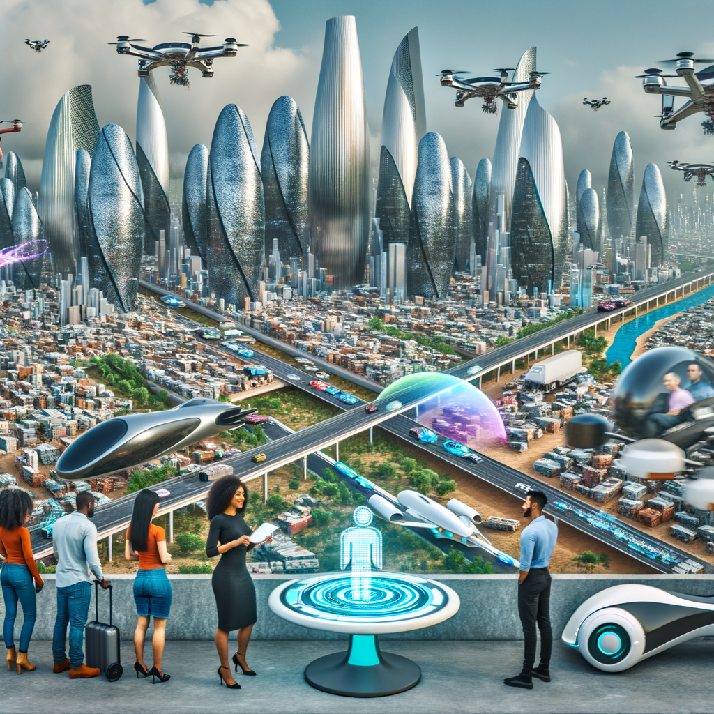 Futuristic cityscape, diverse mobility solutions integrated.