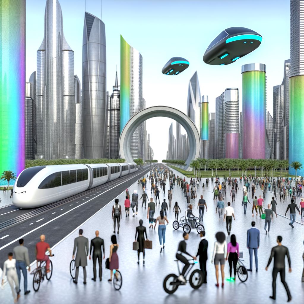 Futuristic cityscape with diverse mobility solutions.