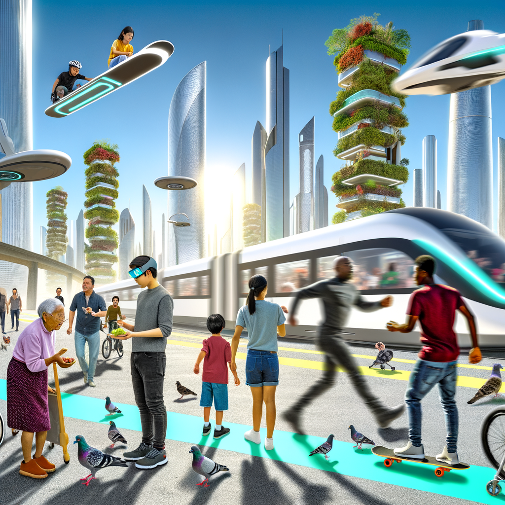 Futuristic cityscape with diverse mobility options.