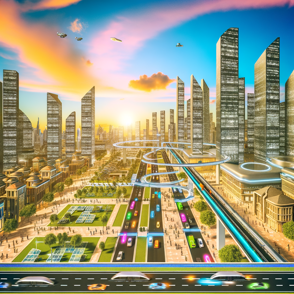 Futuristic cityscape with diverse mobility solutions.