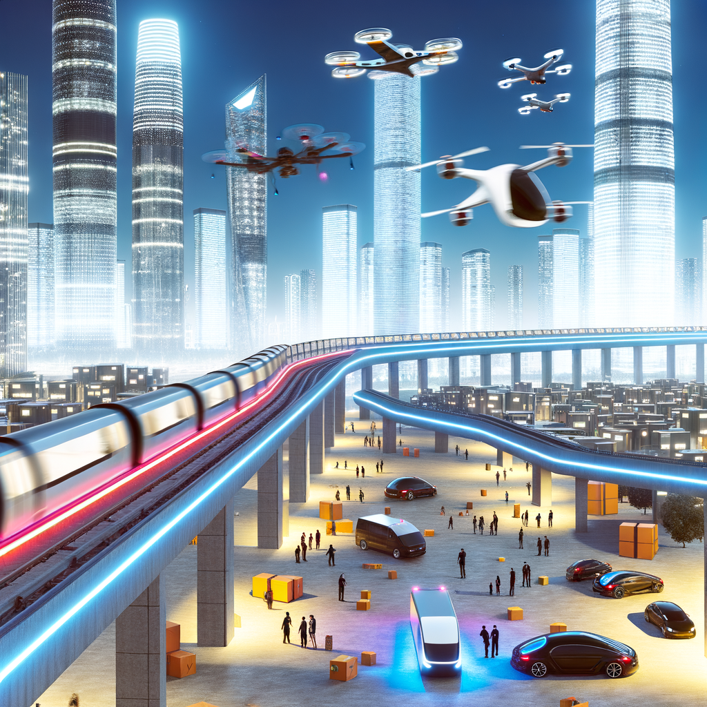 Futuristic cityscape with diverse mobility solutions.