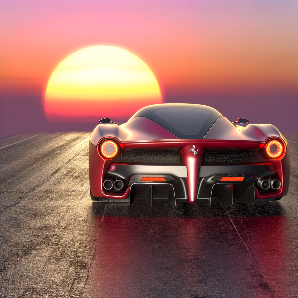 Futuristic Ferrari supercar gliding through sunset.