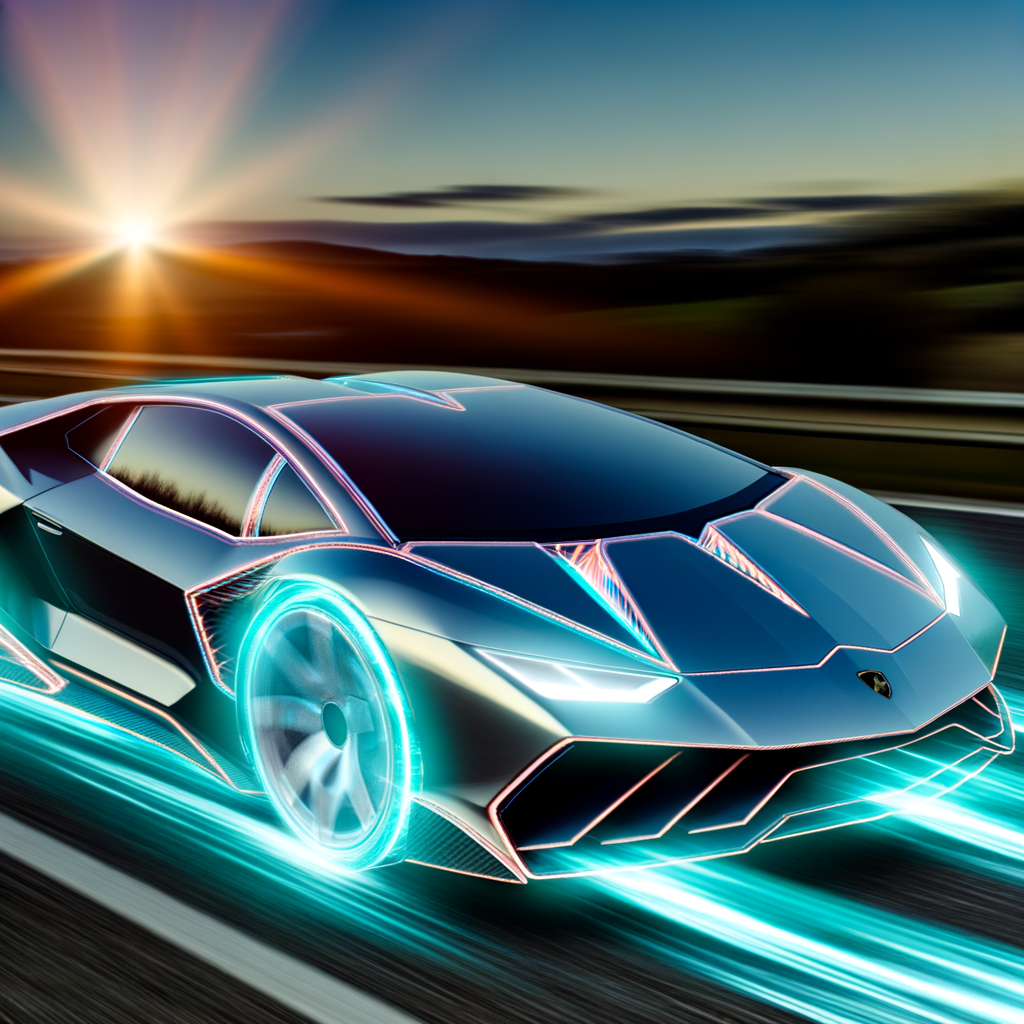 Futuristic Lamborghini supercar in motion, glowing.