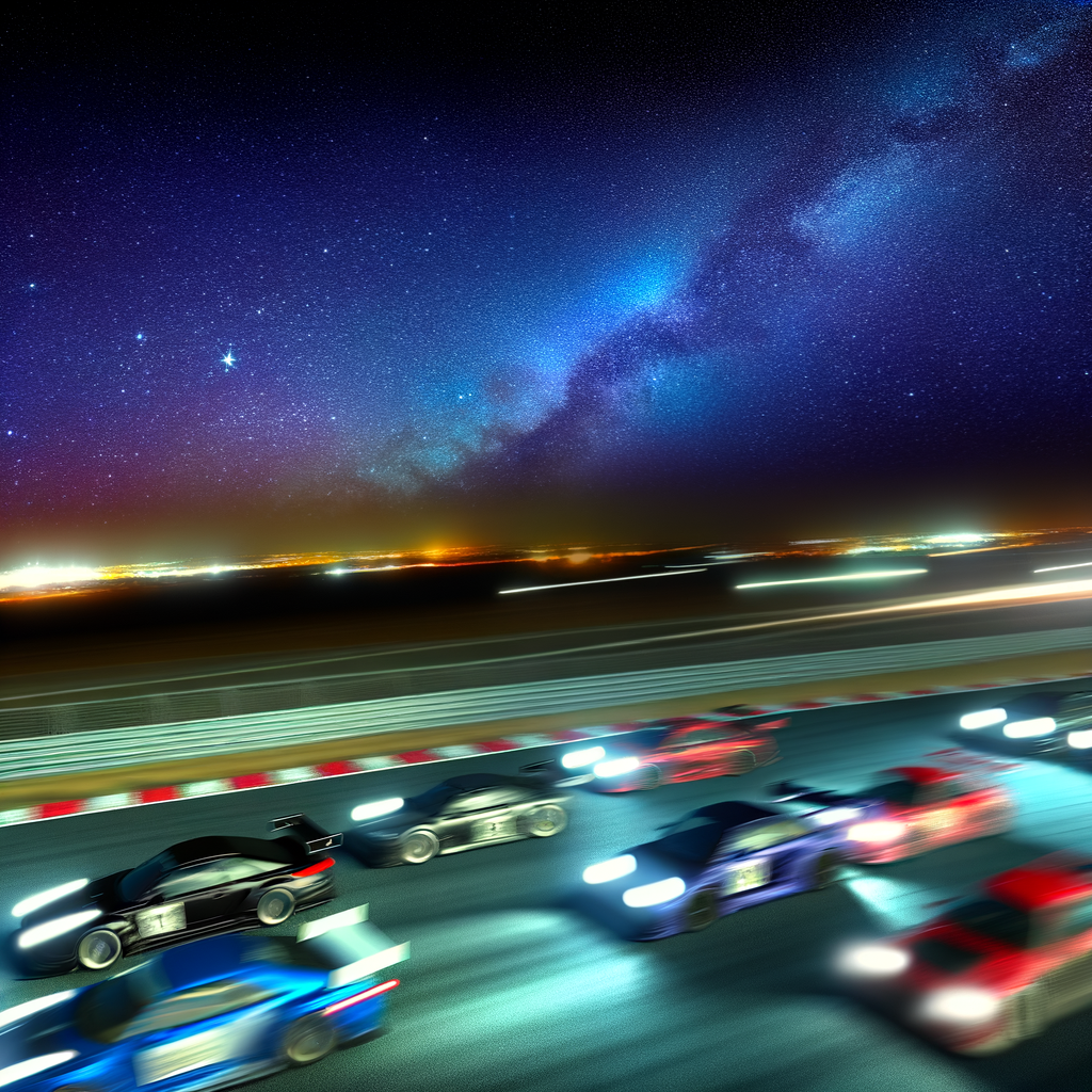 High-speed cars racing under vibrant night sky.