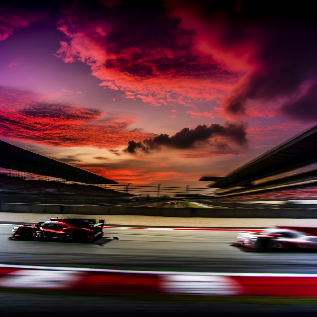 High-speed racecars under vibrant sunset skies.