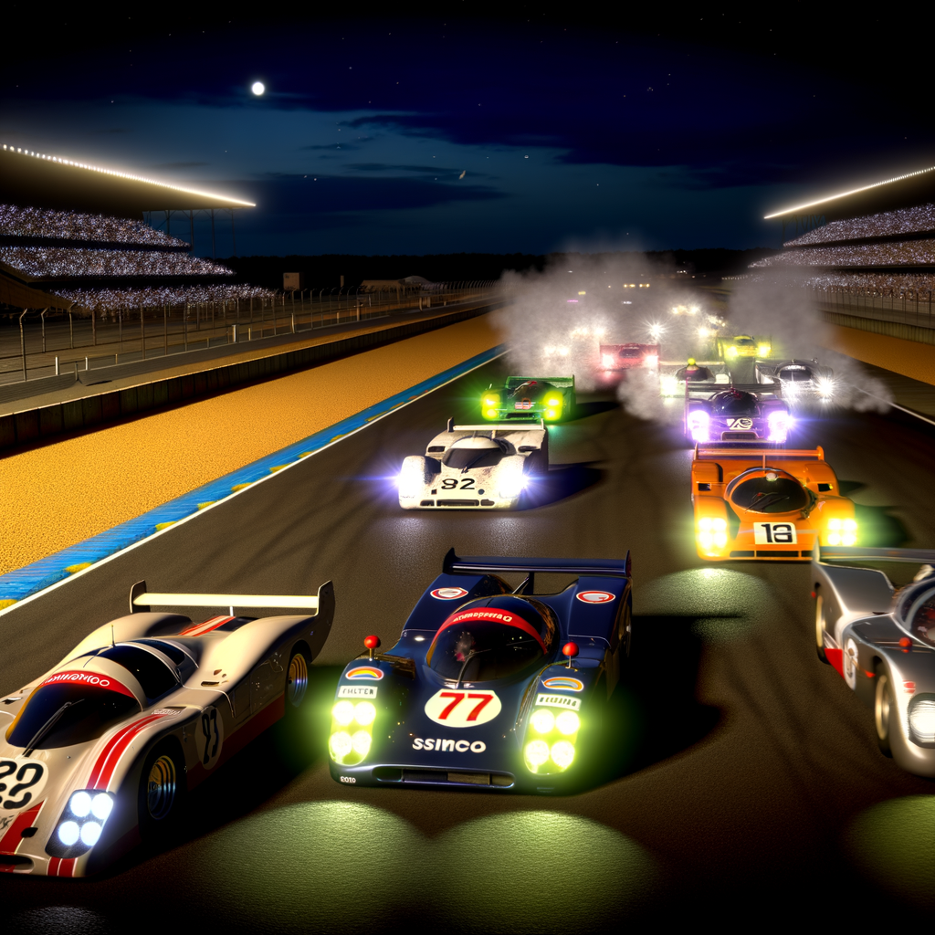 Le Mans race cars under night lights.