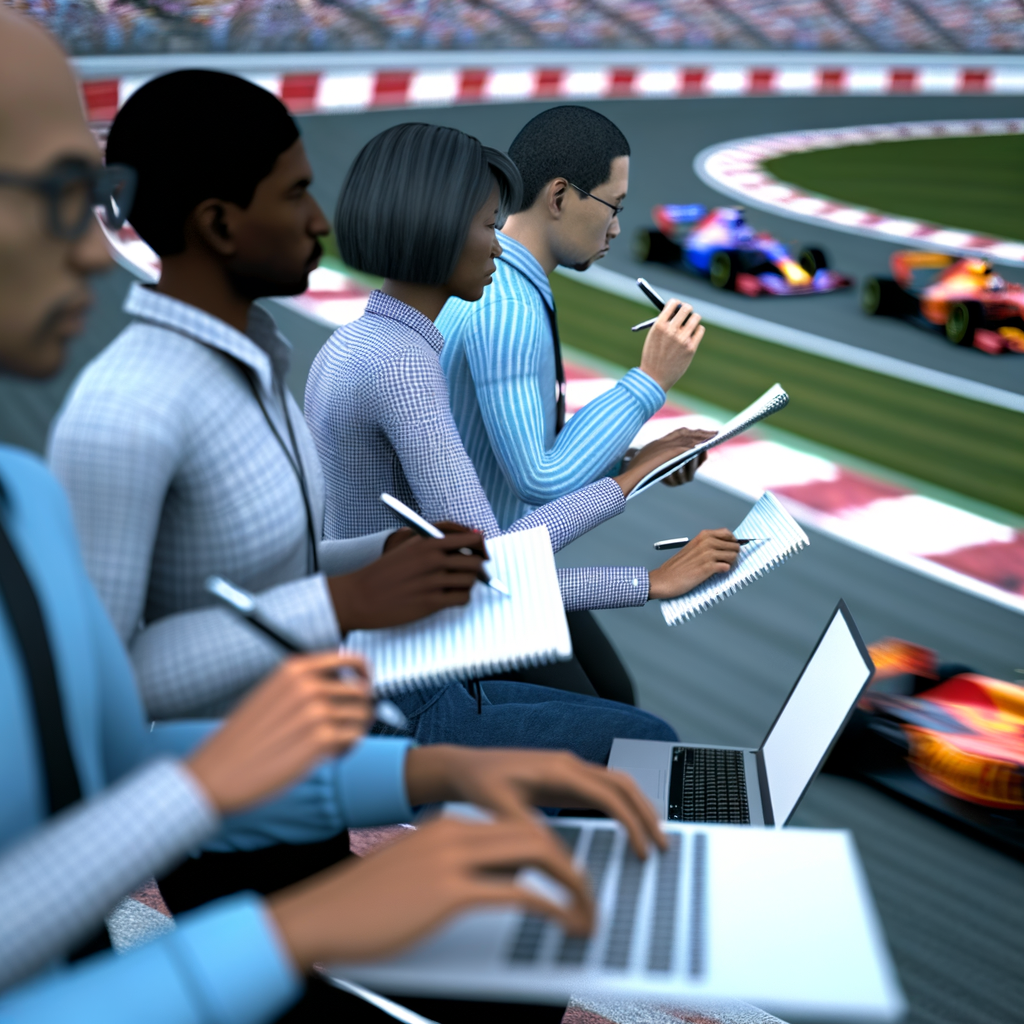 Photorealistic 4K image of racing journalists.