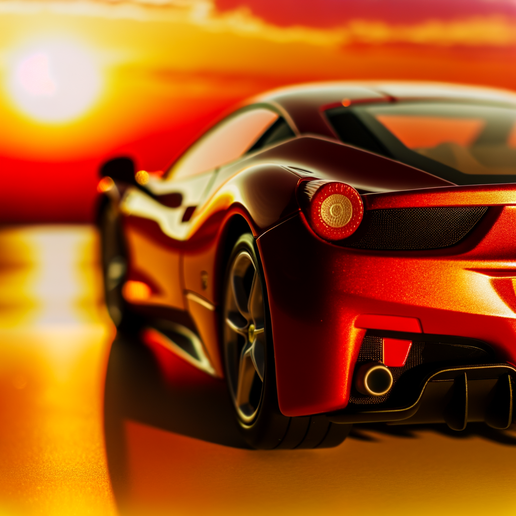 Pristine Ferrari supercar glistening under sunset.