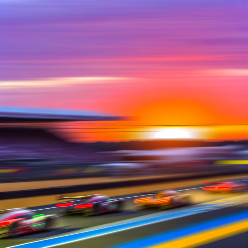 Racing cars blur under vibrant Le Mans sunset.