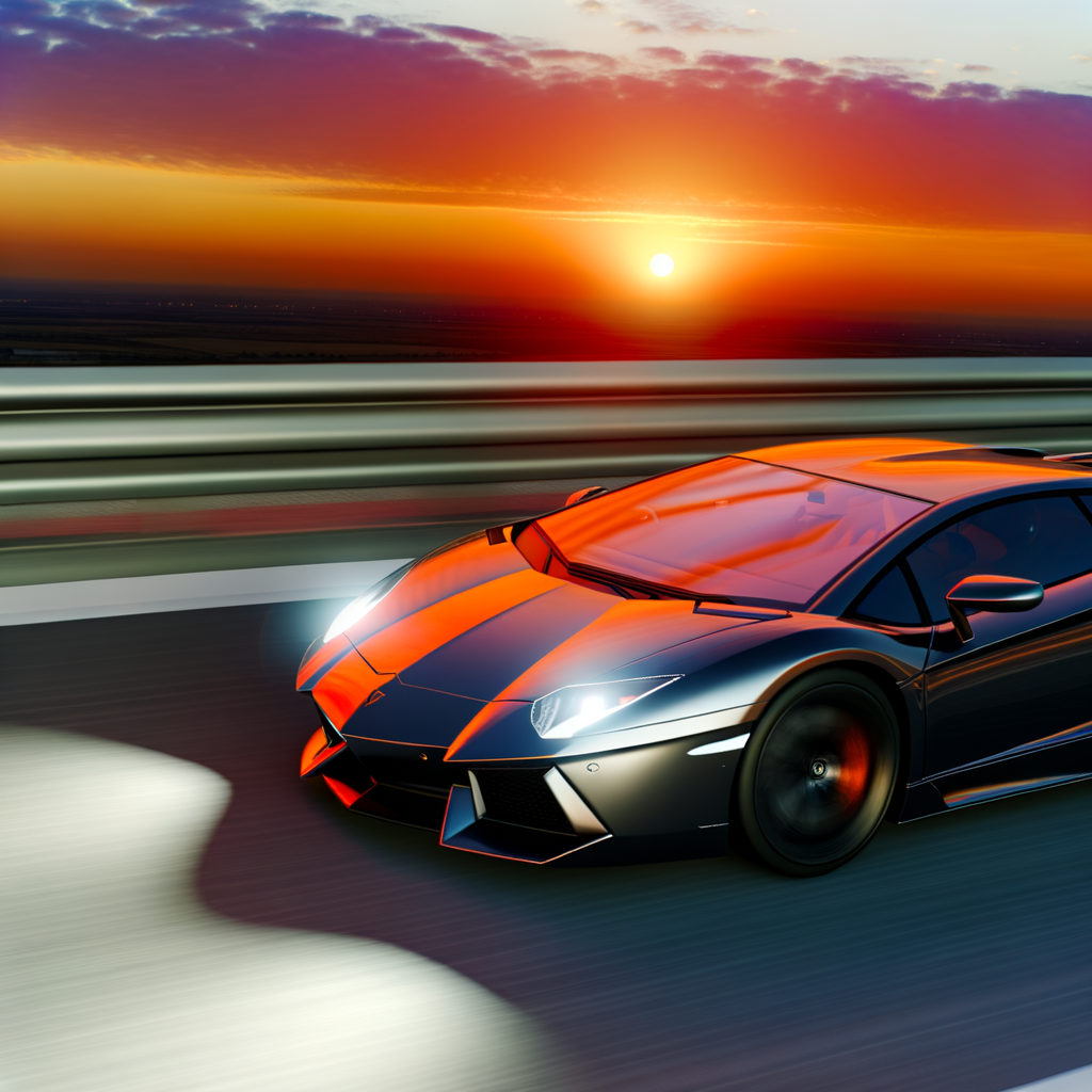 Sleek Lamborghini cruising under vibrant sunset.