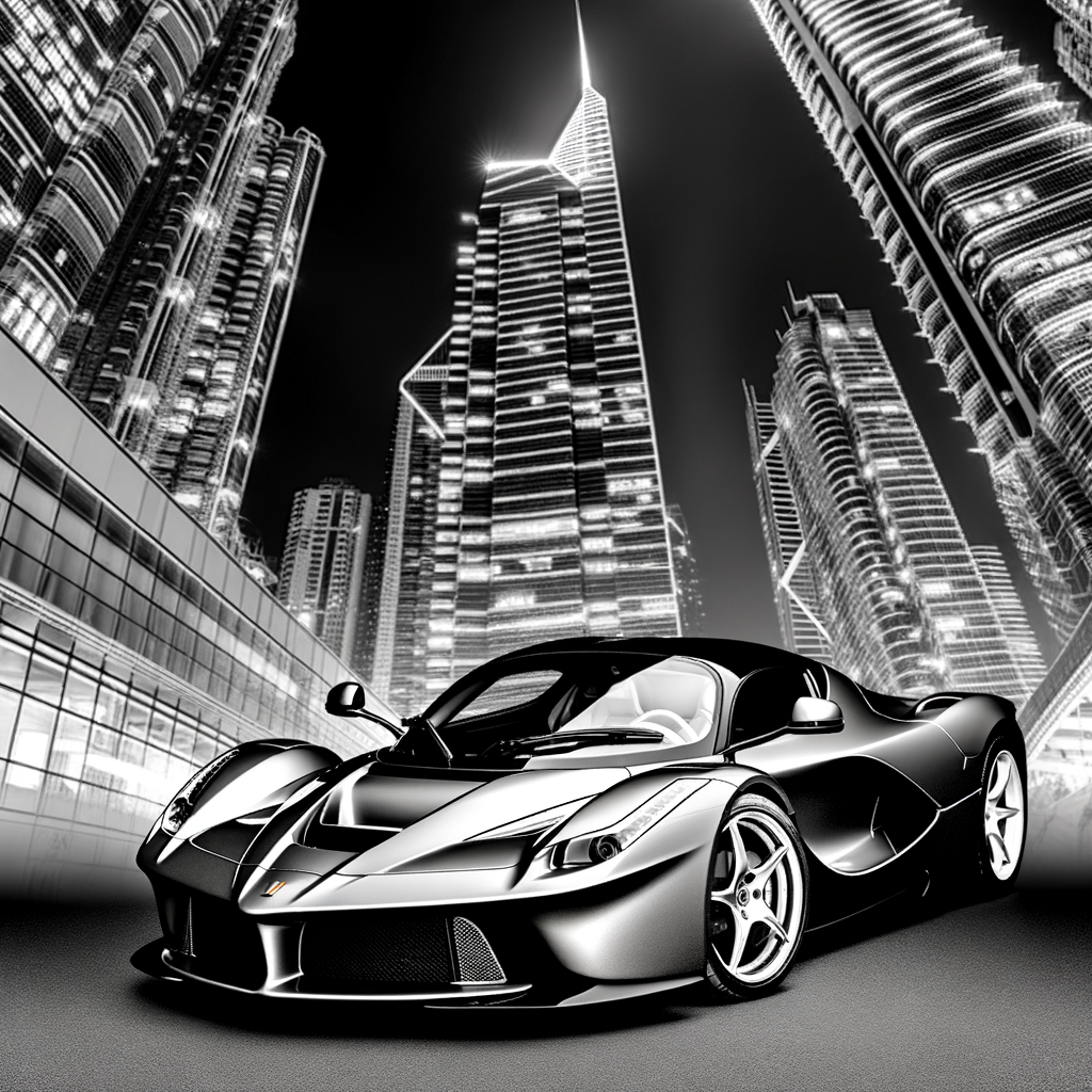 Sleek Lamborghini supercar against futuristic cityscape.