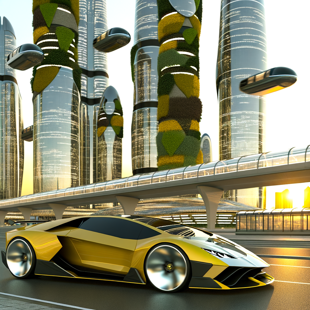 Sleek Lamborghini supercar amidst futuristic cityscape.