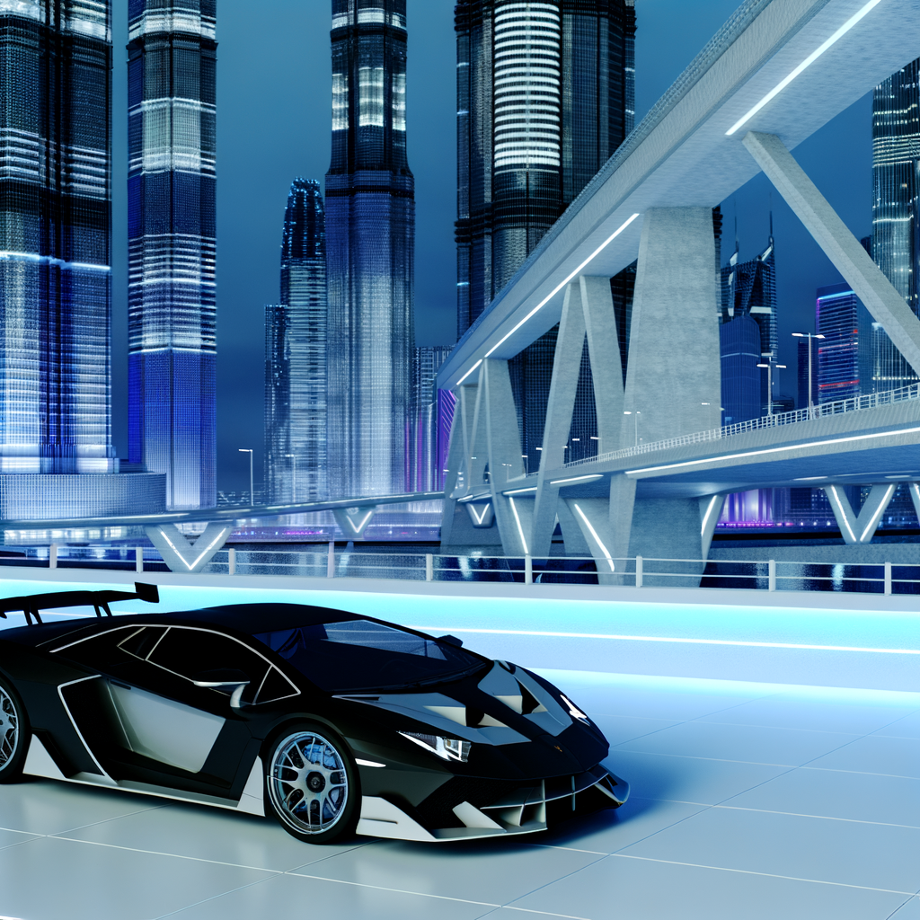 Sleek Lamborghini supercar amidst futuristic cityscape.