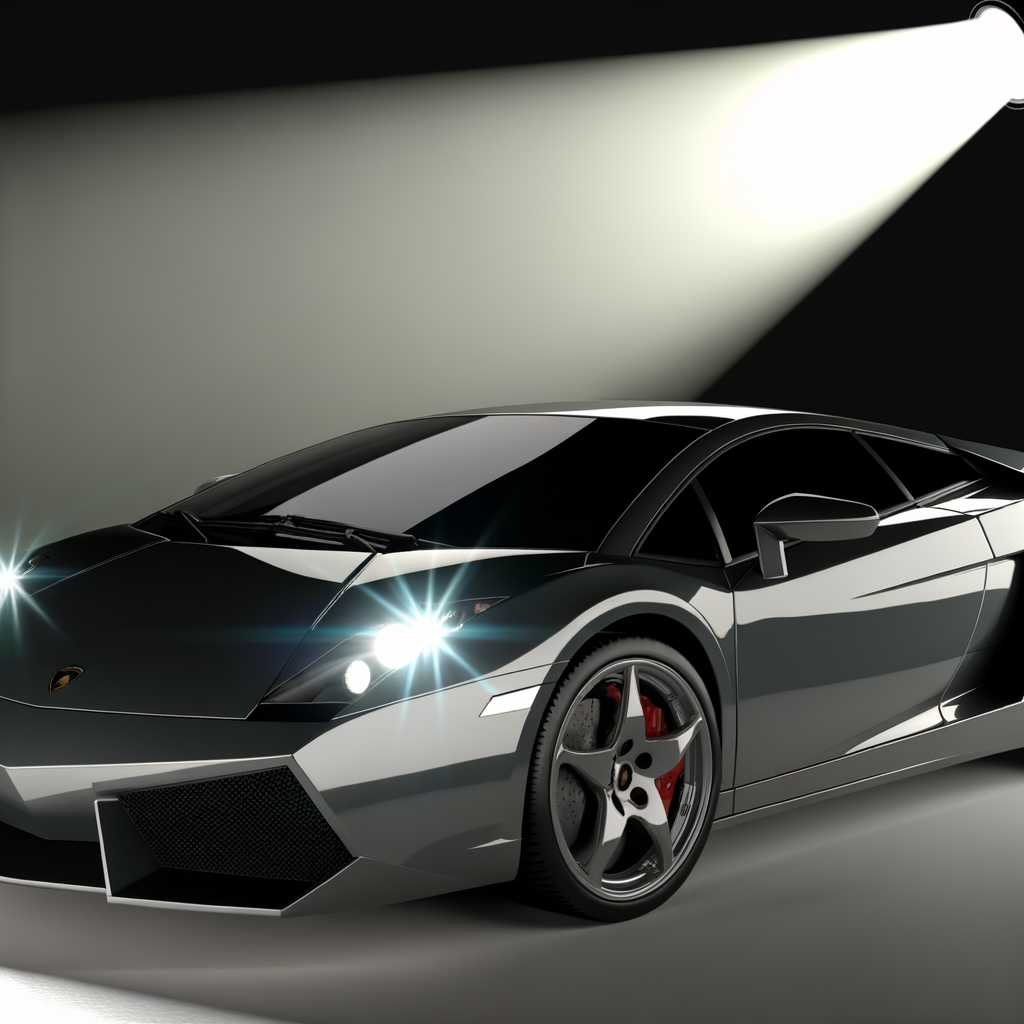 Sleek Lamborghini supercar gleaming under spotlight.