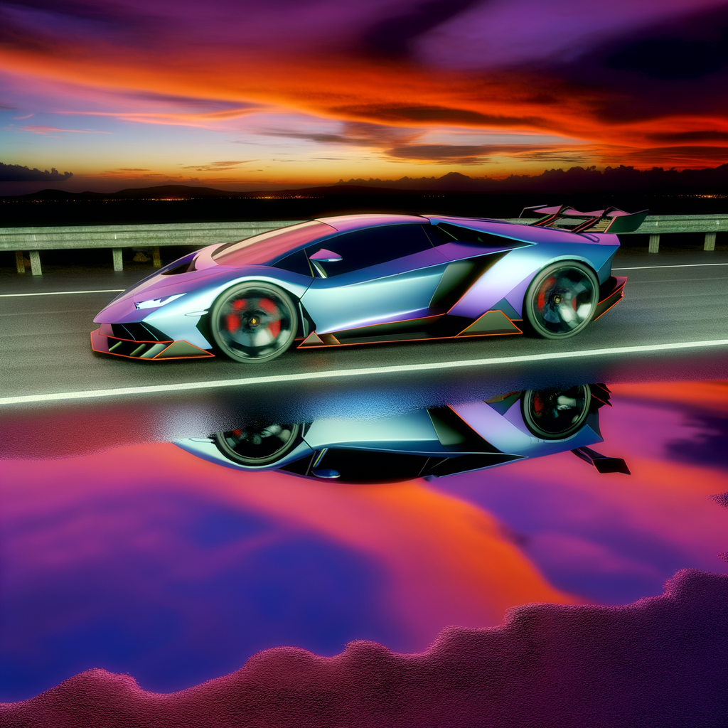 Sleek Lamborghini supercar gliding through sunset.