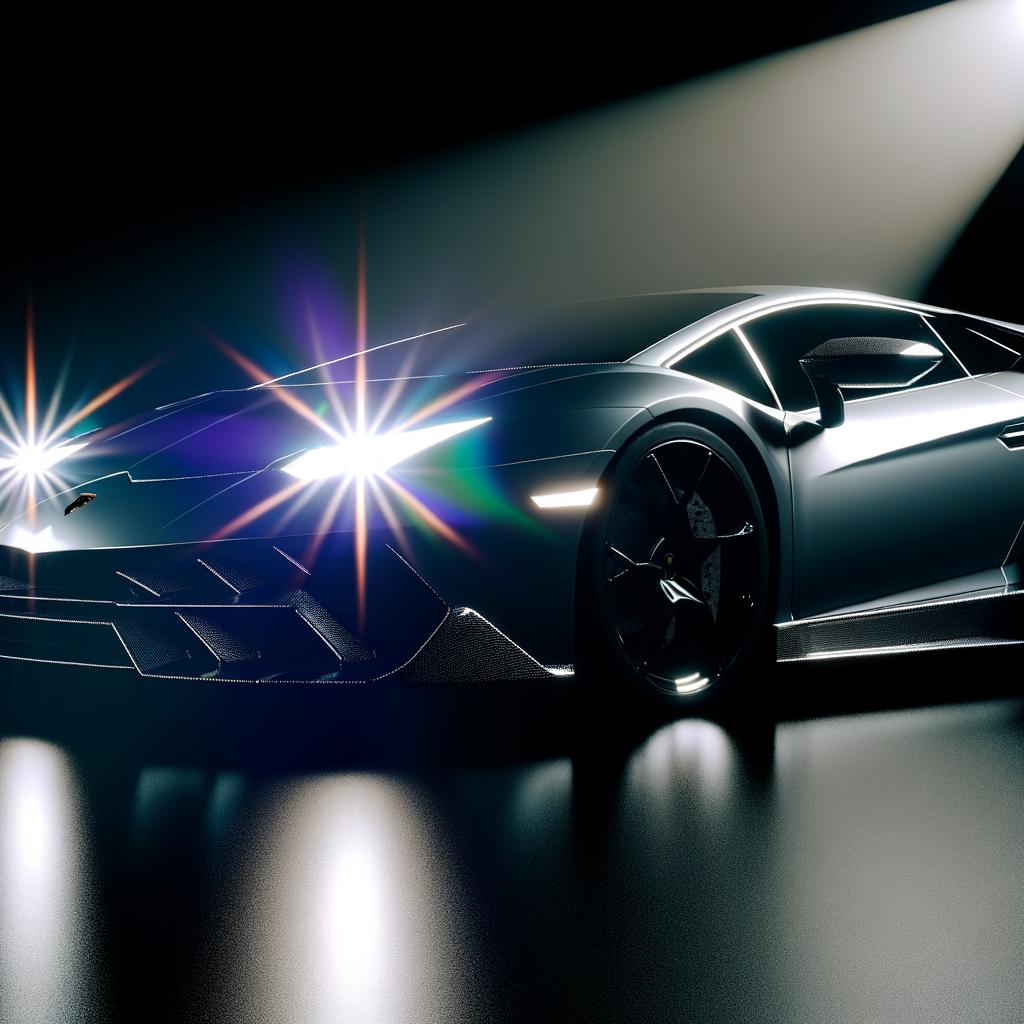 Sleek Lamborghini supercar glistens under spotlight.