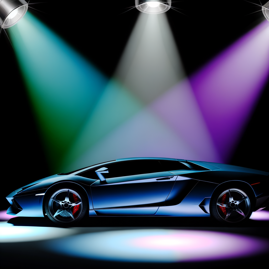 Sleek Lamborghini supercar glowing under spotlights.