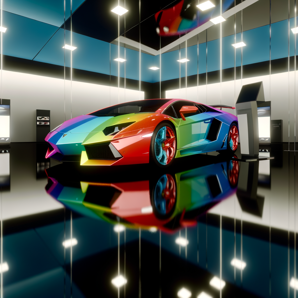 Sleek Lamborghini supercar in futuristic showroom.