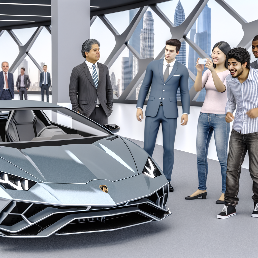 Sleek Lamborghini supercar in futuristic showroom.