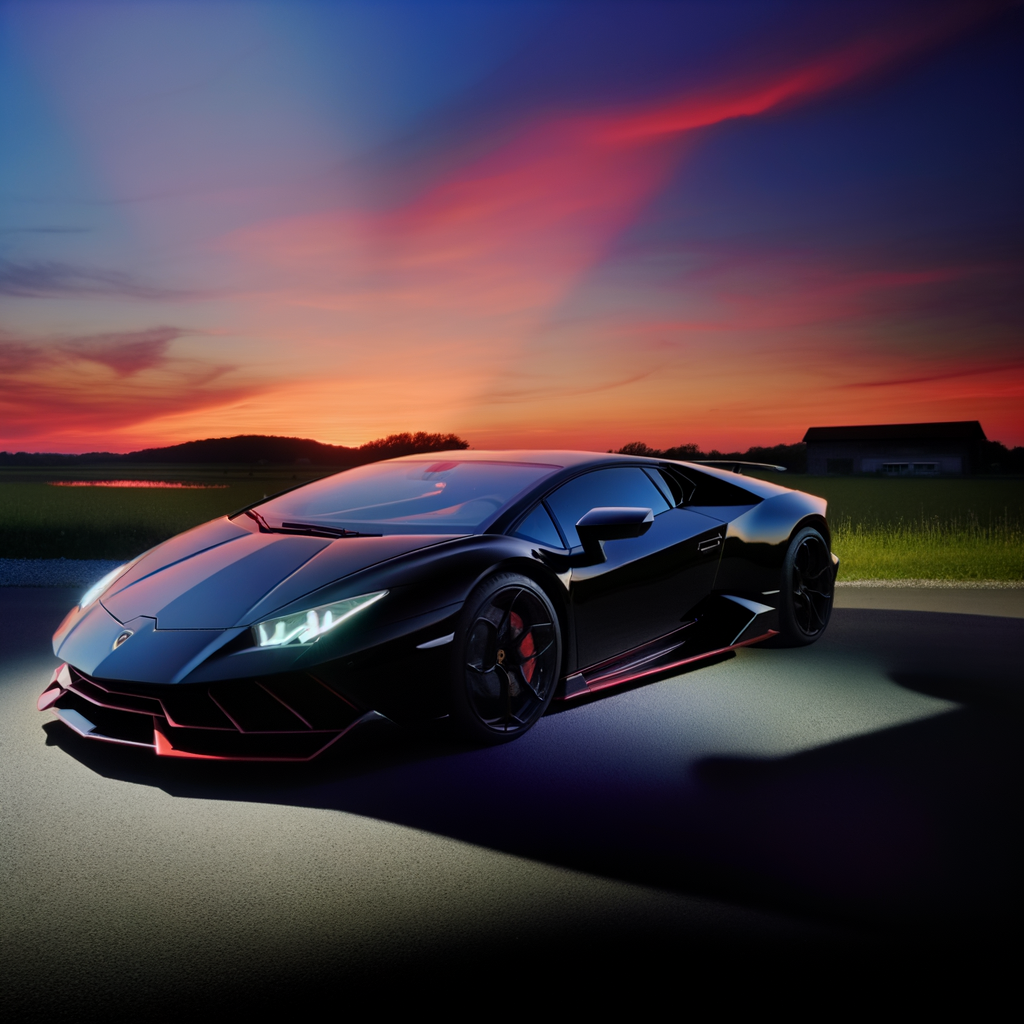 Sleek Lamborghini supercar in sunset glow.