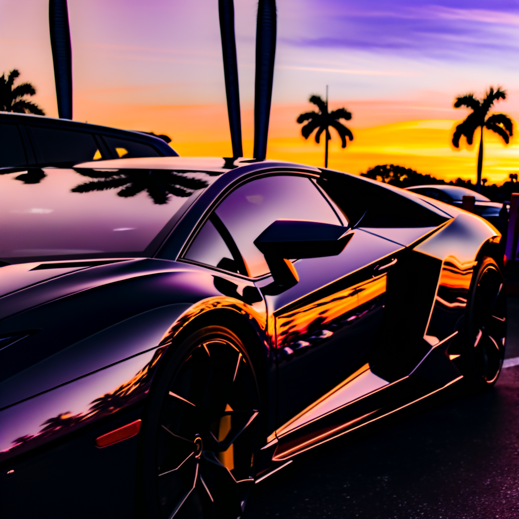 Sleek Lamborghini supercar in vibrant sunset.