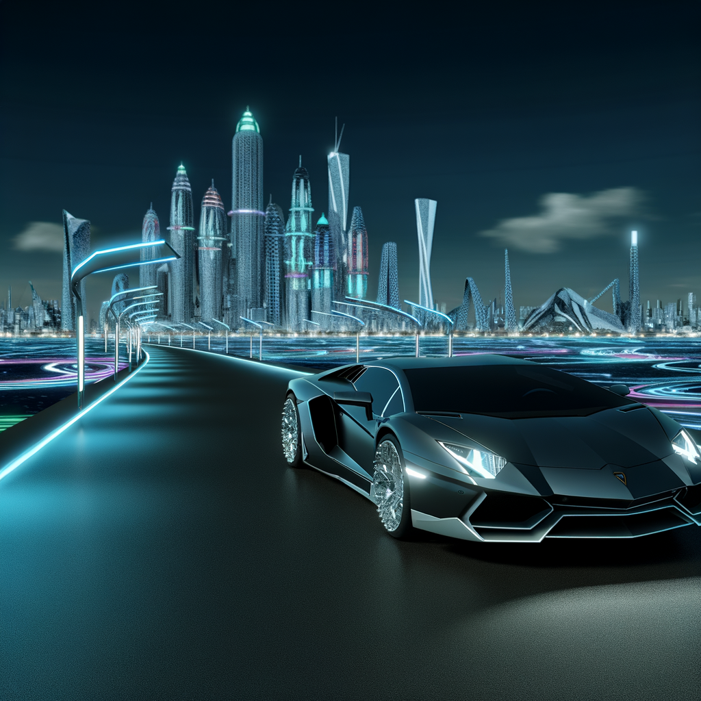 Sleek Lamborghini supercar on futuristic road.