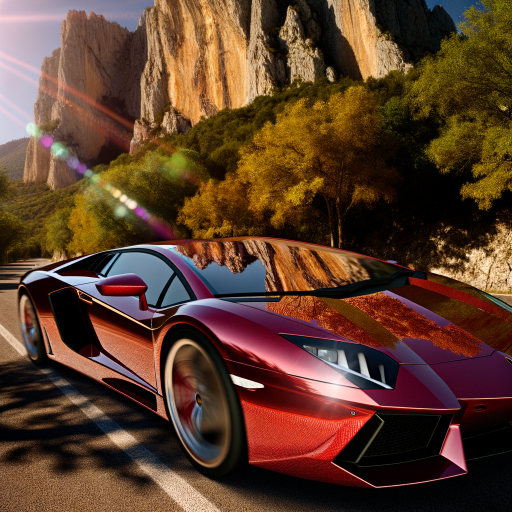 Sleek Lamborghini supercar on mountain road.